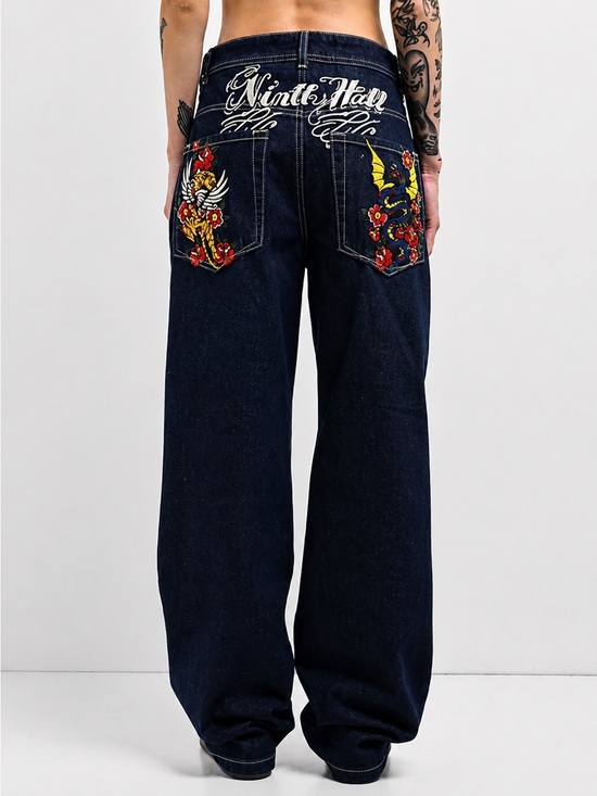 Ninth Idle Hall Denim - Ninth Idle Hall Y2K Wide Leg Jeans Embroidered Flame Rose Dark Wash Sz 6